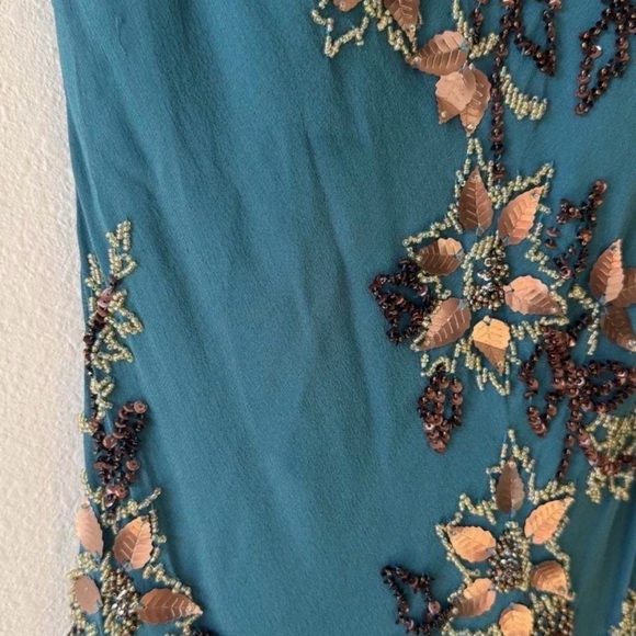 Vintage Sue Wong 100% Silk Teal Floral Beaded Dress - Picture 4 of 8